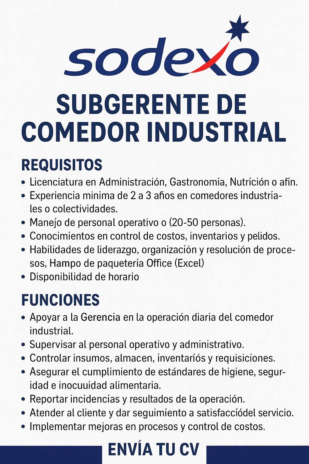 Sub gerente de comedor industrial
