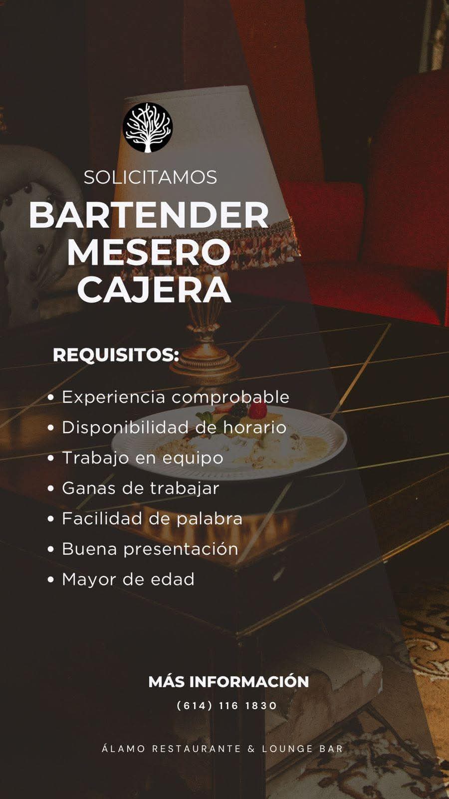 Bartender ,mesero y cajera